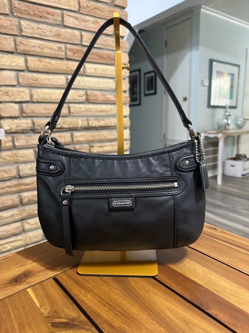 COACH Small Black Leather Shoulder Bag with Front Zip Pocket F23978